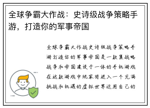 全球争霸大作战：史诗级战争策略手游，打造你的军事帝国